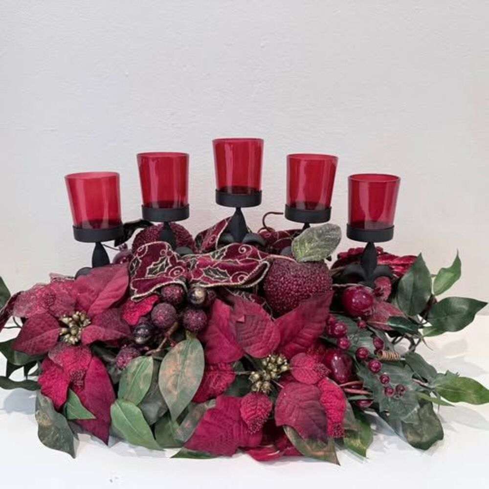 5-Cup Red Glass Votive Candle Holder with Poinsettia Floral Arrangement